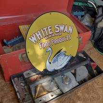 Vintage 1916 White Swan Brand Food Products Porcelain Gas &amp; Oil Pump Sign - £98.77 GBP
