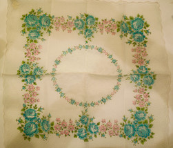Vintage Franshaw Floral design Handkerchief Hanky with original tag Aqua... - $10.89