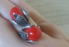 Red Coral Flower Ring Sterling Silver, Armenian Red Ring - £49.33 GBP