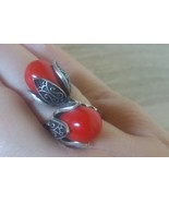 Red Coral Flower Ring Sterling Silver, Armenian Red Ring - $63.00