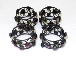 Black Filigree Napkin Rings with Faux Gems Vintage 1.5&quot; Napkin Ring.  se... - $14.65