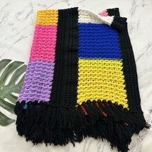 Vintage Handmade Crochet Knit Afghan Throw Blanket Colorful Squares Fringe Trim - £51.05 GBP