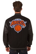 NBA New York Knicks Wool Leather Reversible Jacket Embroidered Patch Logos Black - £199.83 GBP