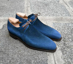 Blue Suede Leather Formal Lace up Handmade Leather Shoes For Men&#39;s - $159.00