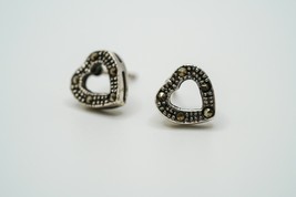 Vintage Sterling Silver Heart Marcasite Stud Earrings 1/4&quot; P1 - $11.09
