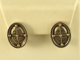 Vtg Signed GR 925 9K Gold Accent Victorian Etruscan Oval Omega Clip Earrings - £109.02 GBP