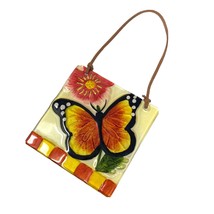 Butterfly Reverse Painted Sun Catcher Glass Tile Wall Decor Floral Orange Yellow - £12.63 GBP