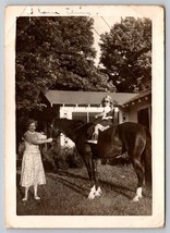 Vintage photo woman child riding horse portrait in front of house 4.5 x 3.25&quot; - £3.15 GBP