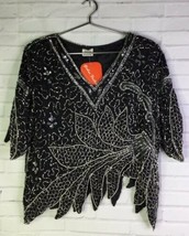 VTG Pure Silk Black Silver Beaded Sequins Asymmetrical Top Blouse Womens Size S - £27.68 GBP