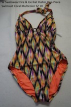 W Swimwear Fire &amp; Ice Ikat Halter One-Piece Swimsuit Coral Multicolor SZ 10 - $19.13