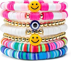 7Pcs Heishi Surfer Bracelets Set Colorful Preppy Happy Smile Evil Eye Beaded Str - £18.79 GBP