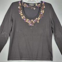 Dana Buchman Women Shirt Size L Black Stretch Preppy Autumn Fall Beaded Scoop - £8.47 GBP