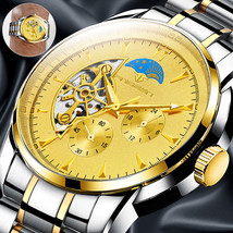 Luxury Men Automatic Mechanical Watch Stainless Steel Hollow Gold Tone Skeleton - £31.65 GBP