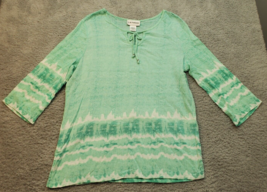 C.D. Petites Blouse Top Women&#39;s Petite Medium Green 100% Cotton Tie Front V Neck - $18.49