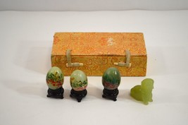 Hand Painted Mini Green Jade Eggs Bird Floral Painted Wood Stands &amp; Box Asian - £22.82 GBP