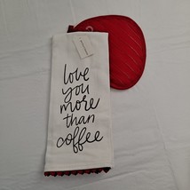 Tea Towel Pot Holder set Valentine&#39;s heart Theme Love You More Than Coffee red  - £9.39 GBP