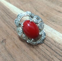 Coral Ring-Handmade Silver Ring-925 Sterling Silver Ring-Oval Coral Ring-Gift fo - £54.48 GBP