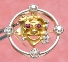 ANTIQUE .92ct DIAMOND RUBY ROMAN BACCHUS GREEK DIONYSUS WINE GOD BROOCH ... - $2,969.01