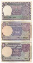 India, 1 Rupees Set of 3, All Different Sign Old Issues Banknote - $8.21