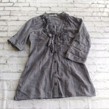Maurices Womens Button Up Shirt Small Gray Roll Tab 3/4 Sleeve Ruffle Front - £12.66 GBP