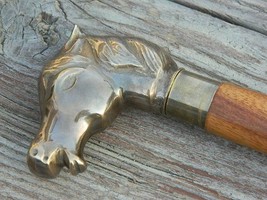 Vintage Antiqued Brass Horse Head Handle walking stick-Wooden Cane for men - £29.98 GBP