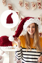 Red Dahlia Color Block Pom Pom Decor Chunky Knitted Christmas Hat - $182.35 MXN