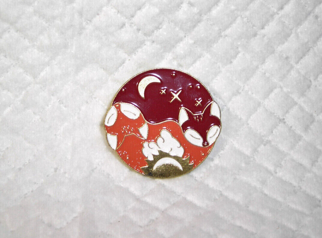 Primary image for Red Orange Fox Yin Yang Sun Moon Stars Gold Tone Enamel Pin