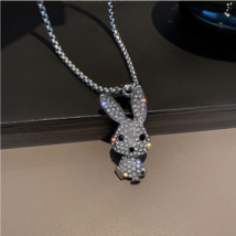 Exquisite Titanium Steel Full Rhinestone Sparkling Rabbit Pendant Necklace (70cm - £11.96 GBP