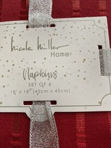Set of 6 Nicole Miller Home Red Cotton Dinner Napkins Metallic Stripe July 4th - £17.13 GBP