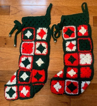 Vintage handmade crochet squares Christmas Stocking set 16&quot; - £37.94 GBP