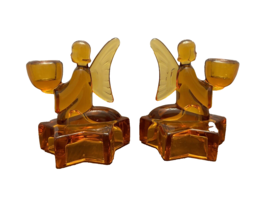 Candle Holders L. E. Smith Amber Glass Angel Star Taper Set of 2 Vintage - £18.25 GBP