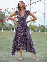 Boho V-neck Printed Lace-up Holiday Dress, Beach Beach Long Dress for Women - £23.50 GBP