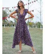Boho V-neck Printed Lace-up Holiday Dress, Beach Beach Long Dress for Women - £23.44 GBP