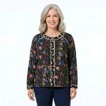 LOGO by Lori Goldstein Black Floral Print Picot Trim Jacket Women’s Size L - $33.21