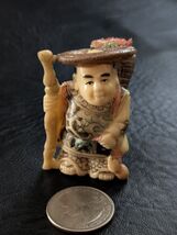 Standing Man Cane Basket Casa Hat Netsuke Japanese Painted Carved Resin - $83.14