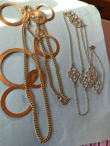 Lot of 2 Long Goldtone Curb Chain w Various Sized Flat Open Circle Fringe &amp; Silv - £8.87 GBP