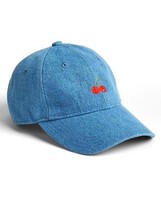 New Gap Women Blue Denim Embroidered Red Cherry Cotton Baseball Hat One Size - £19.40 GBP