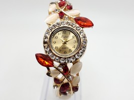 Lupai Women&#39;s Gold Tone Watch Jeweled Bezel &amp; Flower Design New Battery 25mm - £12.60 GBP