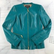 Lafayette 148 Leather Jacket Womens Medium Teal Blue Gold Zipper Details - £241.15 GBP