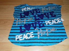 Girls Size 8 Justice Turquoise Black Striped Glitter LOVE PEACE HOPE Shirt Top - £12.64 GBP