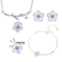 Romantic Silver Color Cherry Blossoms Flower Jewelry Sets Pendant Cute Bridal We - £11.33 GBP