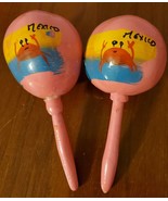 Set of 2 Music Shakers Mexican Maracas Hand Painted Pink 7&quot; Crab Palm Tr... - $20.00