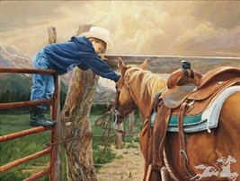 Give Me A Chance by June Dudley Child Cowboy Horse Kids Children Art Print 8x10 - £23.36 GBP