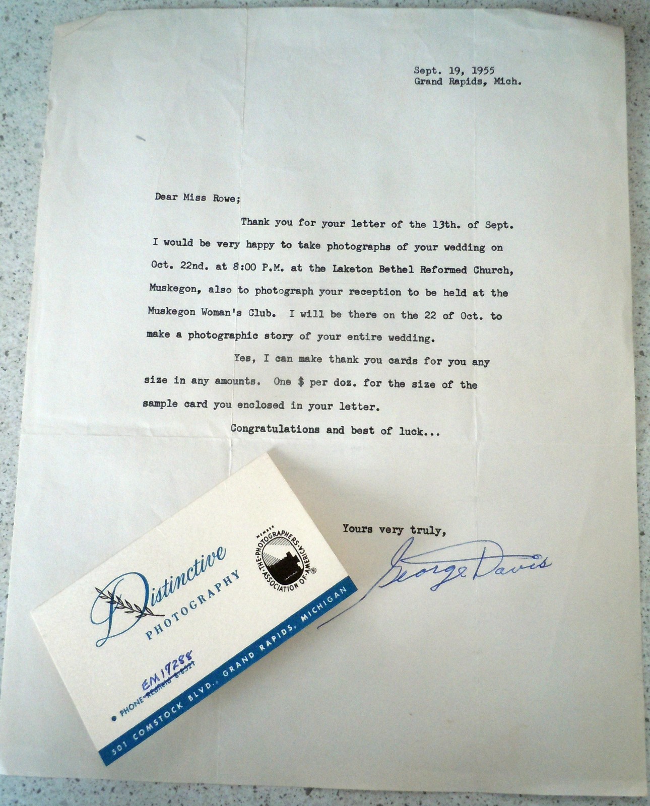 Vintage Distinctive Photography Card &amp; Letter 1955 Grand Rapids MI - $3.99