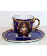PULS CZECHOSLOVAKIA PORTRAIT LADY CANDLE BLUE &amp; GOLD CUP &amp; SAUCER - $59.68 CAD