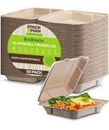 100% Compostable Clamshell Take Out Food Containers [8X8&quot; 50-Pack] Heavy... - £23.46 GBP