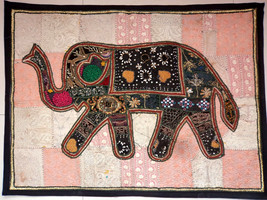 Vintage Tapestry Elephant Patchwork Wall Hanging Hippie Handmade Embroidered E86 - £30.53 GBP