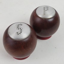 Vintage Mid Century Salt Pepper Shakers Metal Wood 2 Inch w/ Stoppers - $6.80