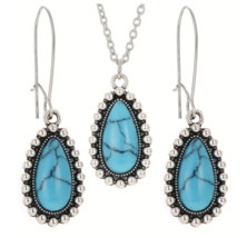 Vintage Boho Style Turquoise Blue Drop Pendant Necklace &amp; Earrings Set - £10.22 GBP