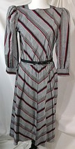 Vtg CHARLEE ALLISON Dress w/ Belt Grey Pockets Stripes 70s Secretary Chic Eljay - $72.07